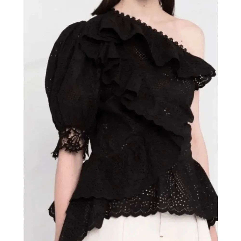 NWOT ULLA JOHNSON Julianna Asymmetric Lace Floral Eyelet Blouse Women's 2US